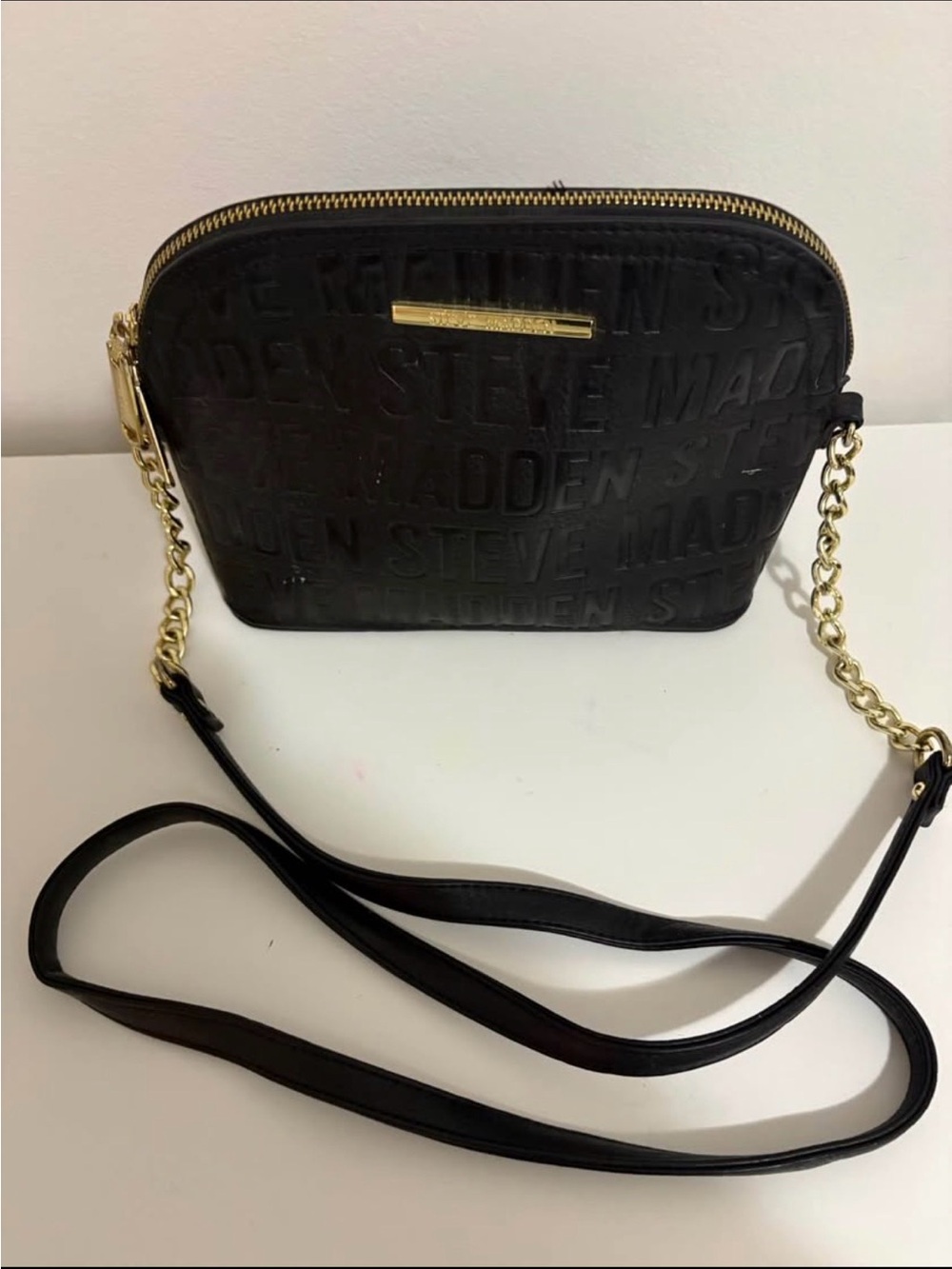 Steve Madden Black Embossed Crossbody with Gold Chain Strap